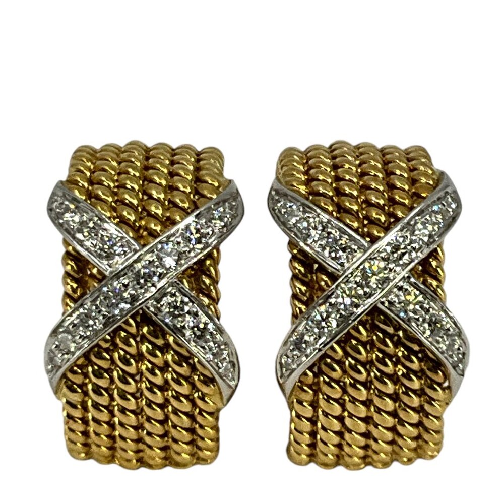Tiffany & Co. Schlumberger Rope Six Row X Diamond & Platinum 18K Gold Earrings